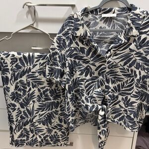 Mango Navy Leaf-Print Top and Pant Matching Set